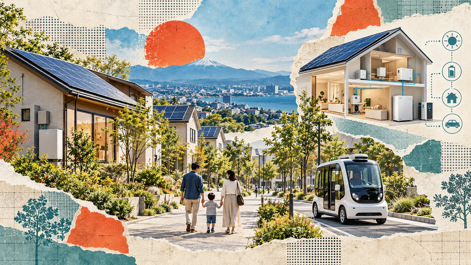 Editorial collage of a coastal smart city with a connected street sensor and a resident using a city app.