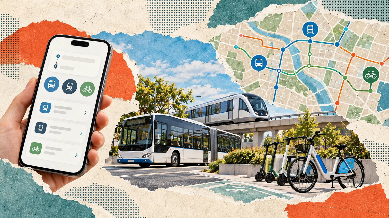 Editorial collage of a city transit map, buses, rail, bicycles, and a travel-planning app.