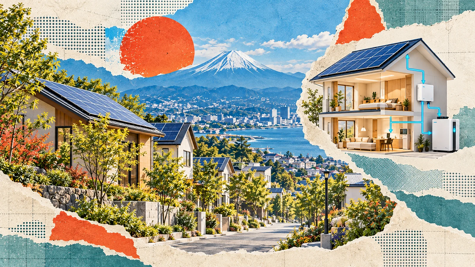 Editorial collage of solar-equipped Japanese homes and neighborhood energy systems beneath Mount Fuji.