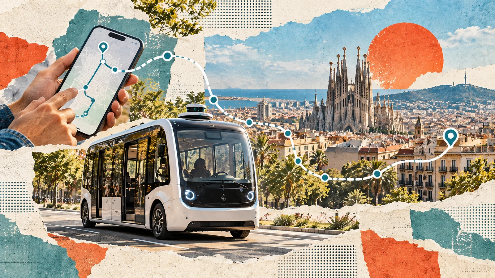 Editorial collage of a Barcelona city bus, route map, and connected mobility app.