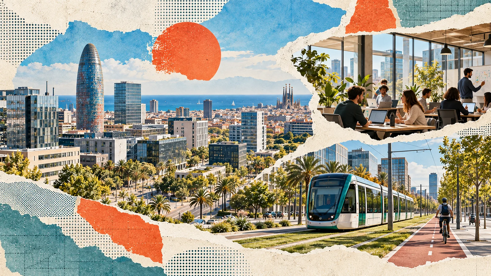 Editorial collage of Barcelona’s innovation district, contemporary workspaces, and city transit.
