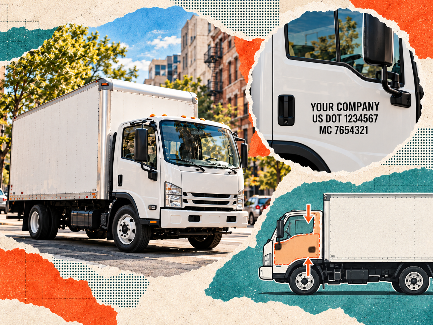 Editorial collage showing a white box truck, custom USDOT door lettering, and highlighted decal placement.
