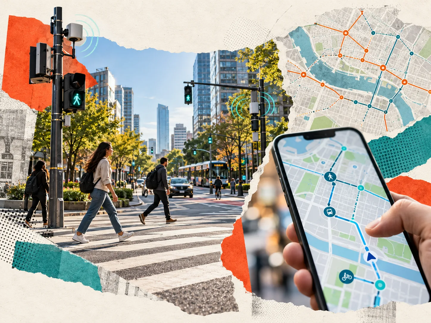 Editorial collage of a connected city street, smart pedestrian signals, and multimodal route maps.