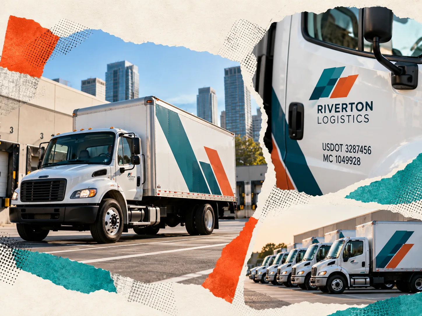 Editorial collage of Riverton Logistics trucks with consistent fleet branding and carrier markings.
