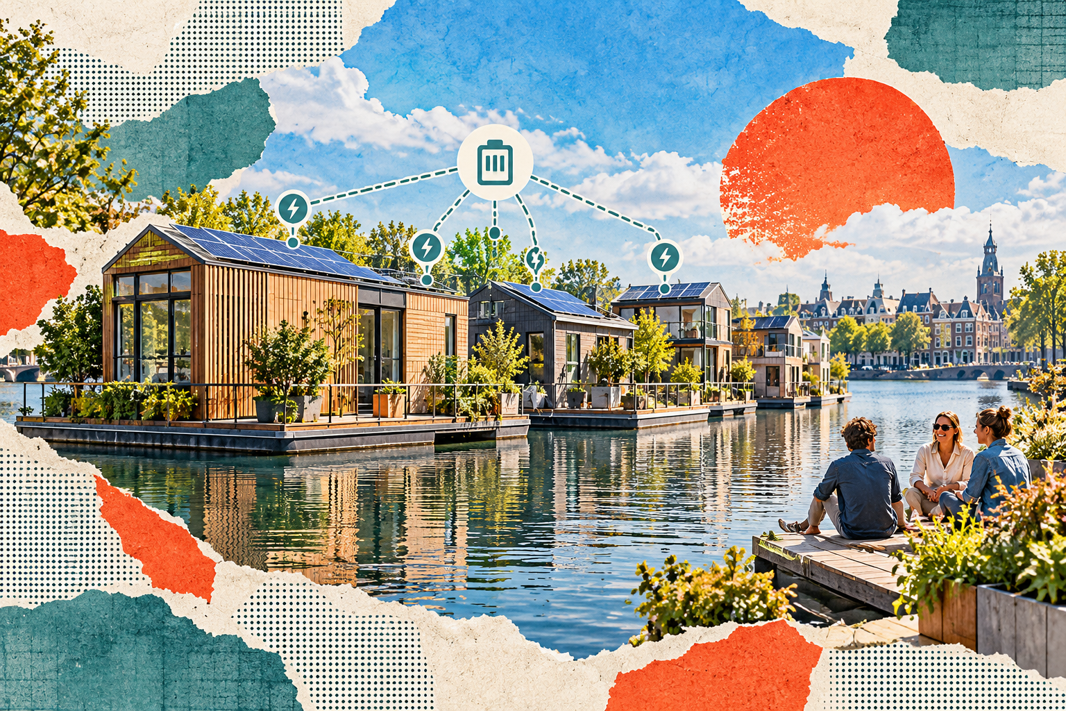 Editorial collage of Amsterdam floating homes with solar panels and a shared neighborhood energy network.