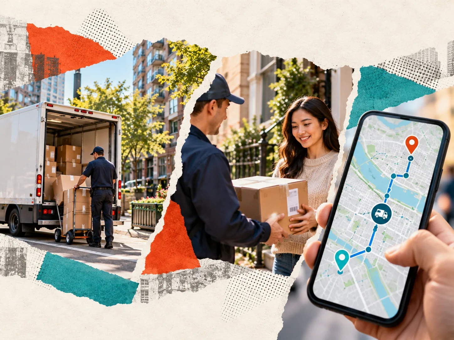 Editorial collage of an urban parcel delivery, curbside loading, and a mapped delivery route.