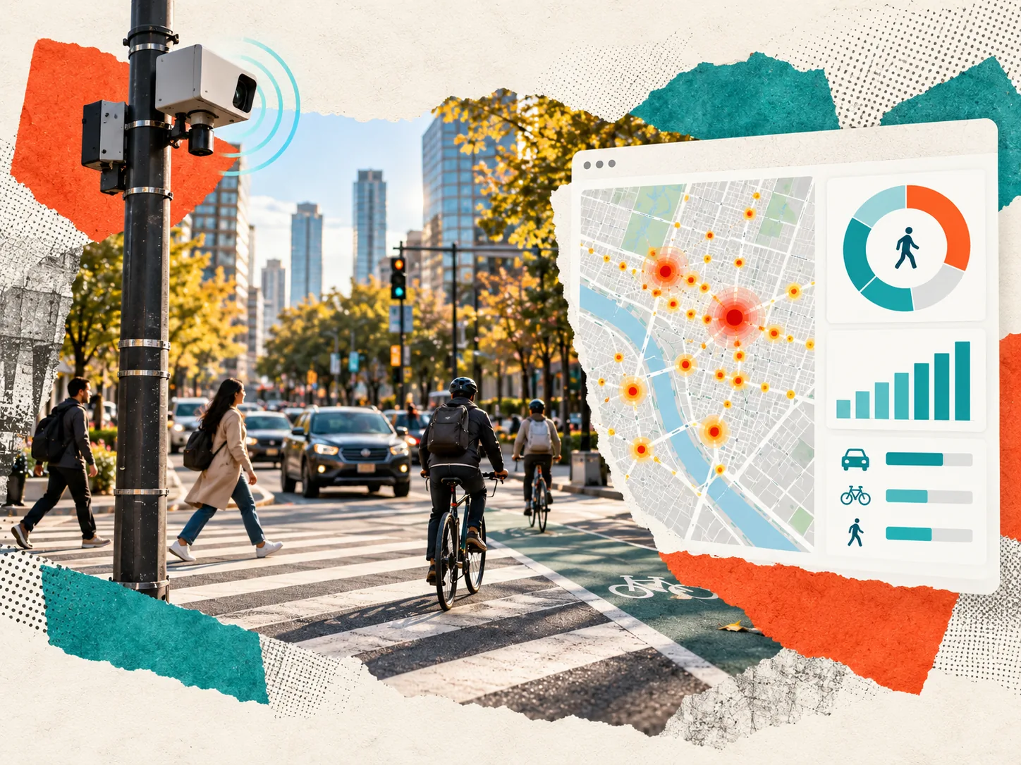 Editorial collage of a connected city intersection, traffic sensors, and road safety analytics.
