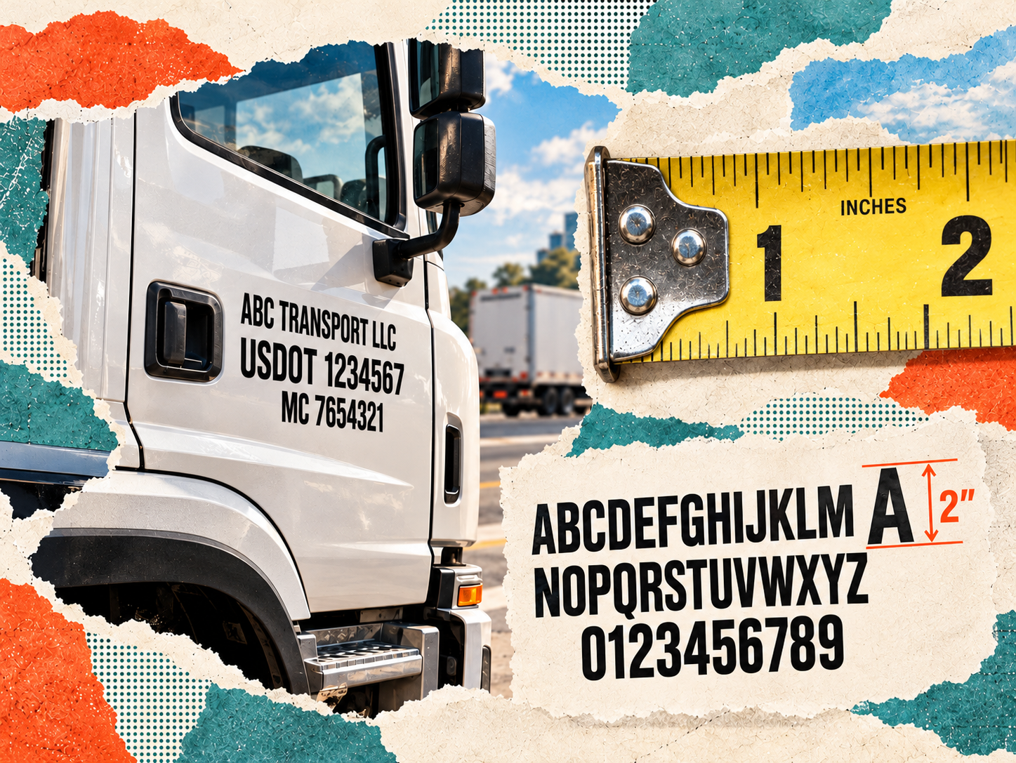 Editorial collage showing USDOT lettering on a commercial truck, a measuring tape, and typography examples.
