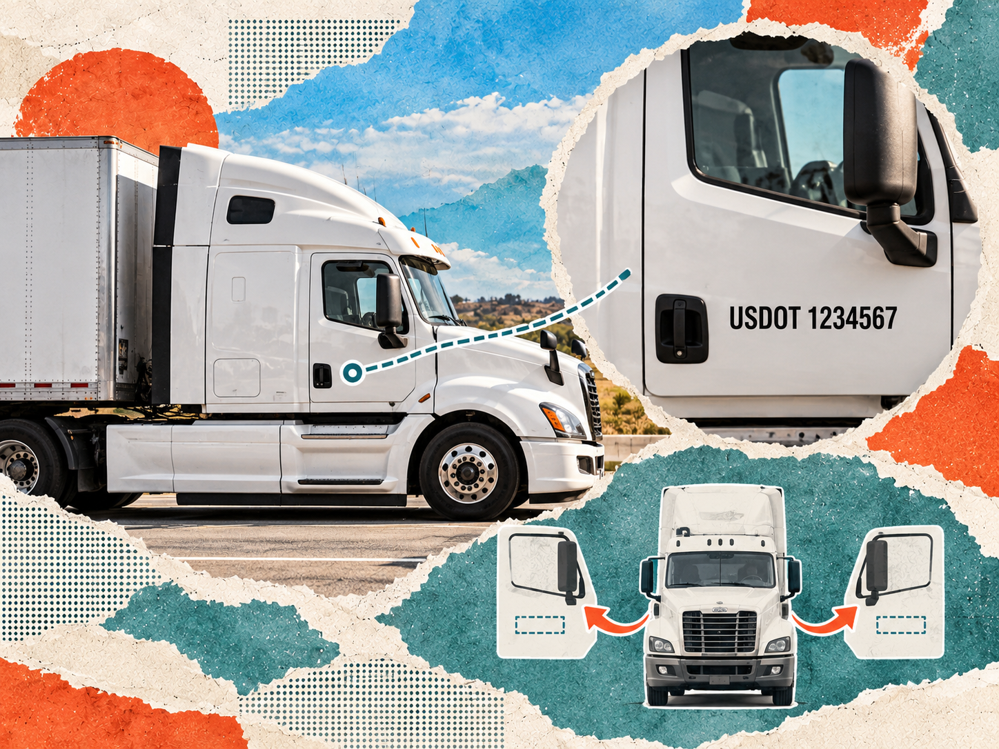 Editorial collage showing a commercial truck, USDOT door markings, and an illustration of marking placement.